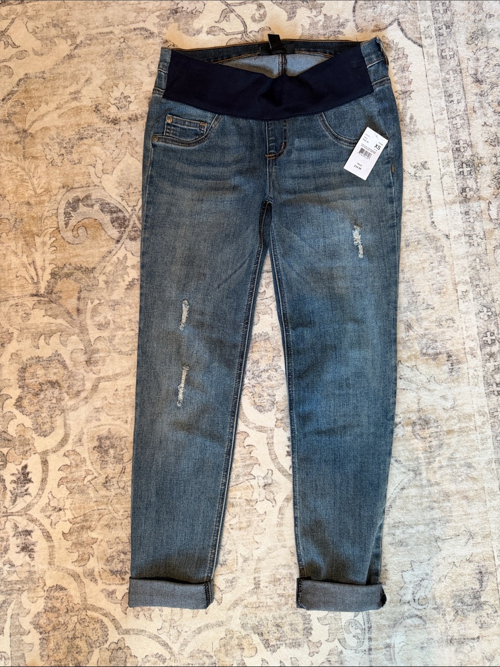 Indigo Blue Women's Boyfriend Jeans in Medium Blue with Navy Waistband